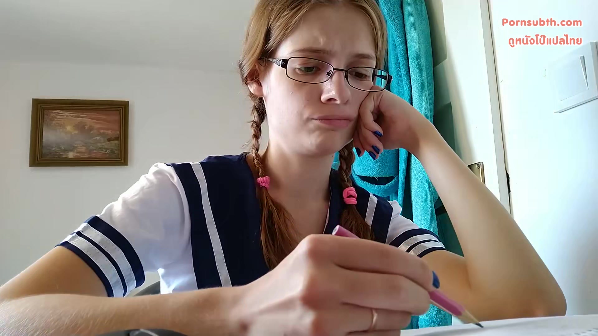 Lily Slutty - Schoolgirl in nylon pantyhose peed during homework