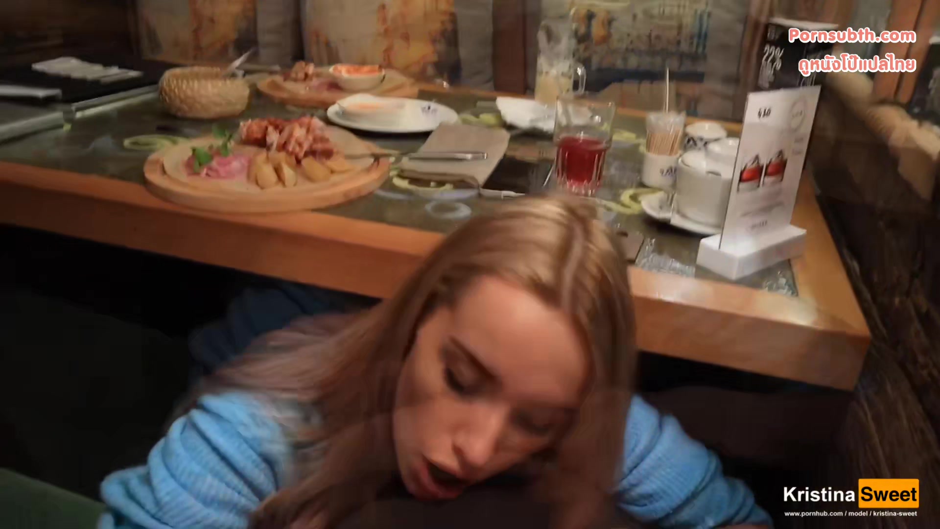 Luxury Girl - Public Blowjob under the Table in the Restaurant. Cum in Mouth.